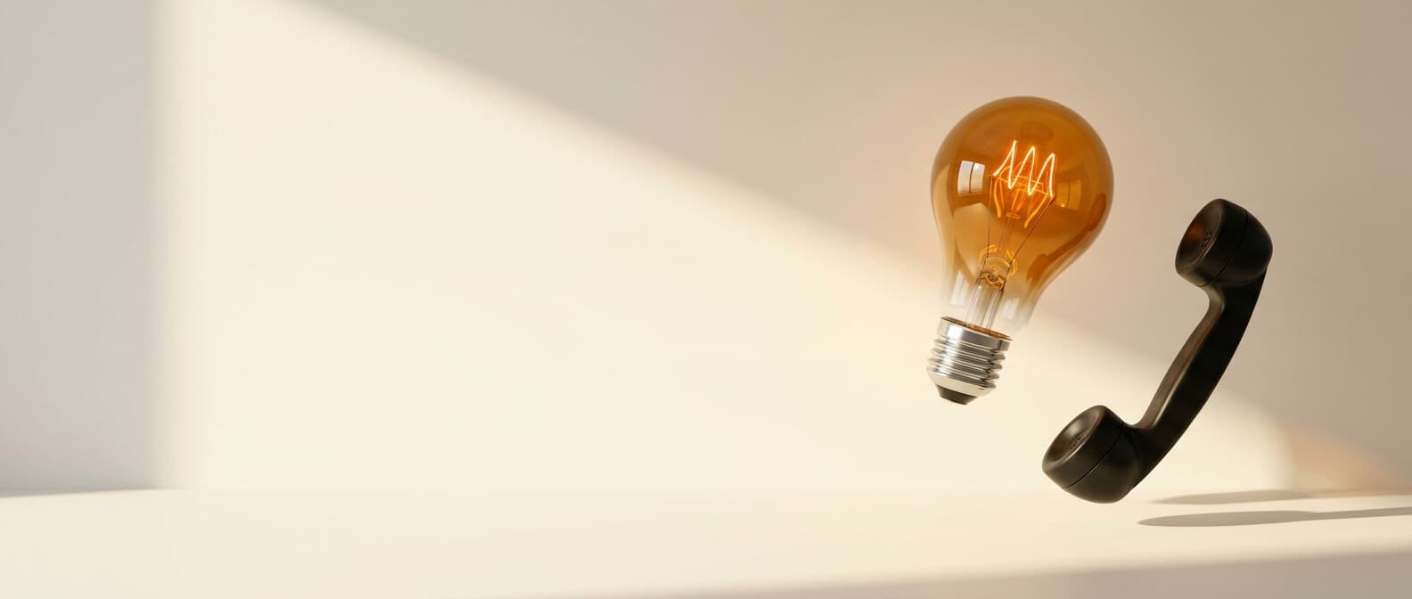 Bakelit-Telefonhörer und glühende Edison-Birne auf hellem Holztisch — Sinnbild für direkten Kontakt zu net-kom